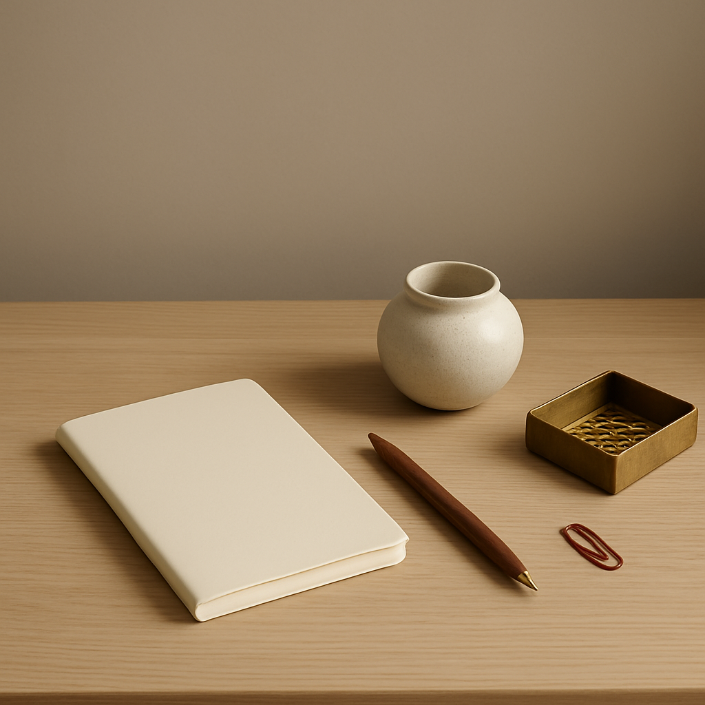 Minimalist design-led desk objects arranged on a pale oak surface