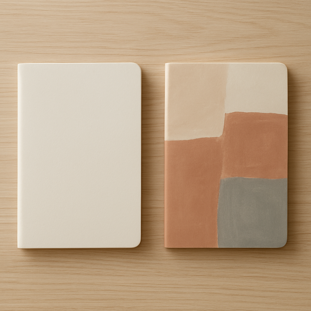 Minimalist notebooks on an oak surface